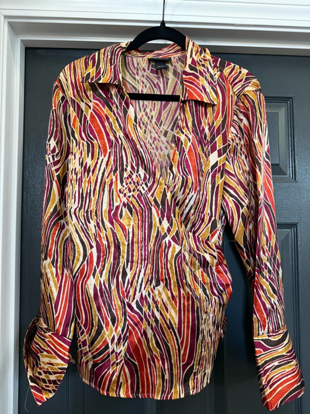 Lane Bryant Multicolor Abstract Stripe Blouse - Burgundy, Mustard & Brown